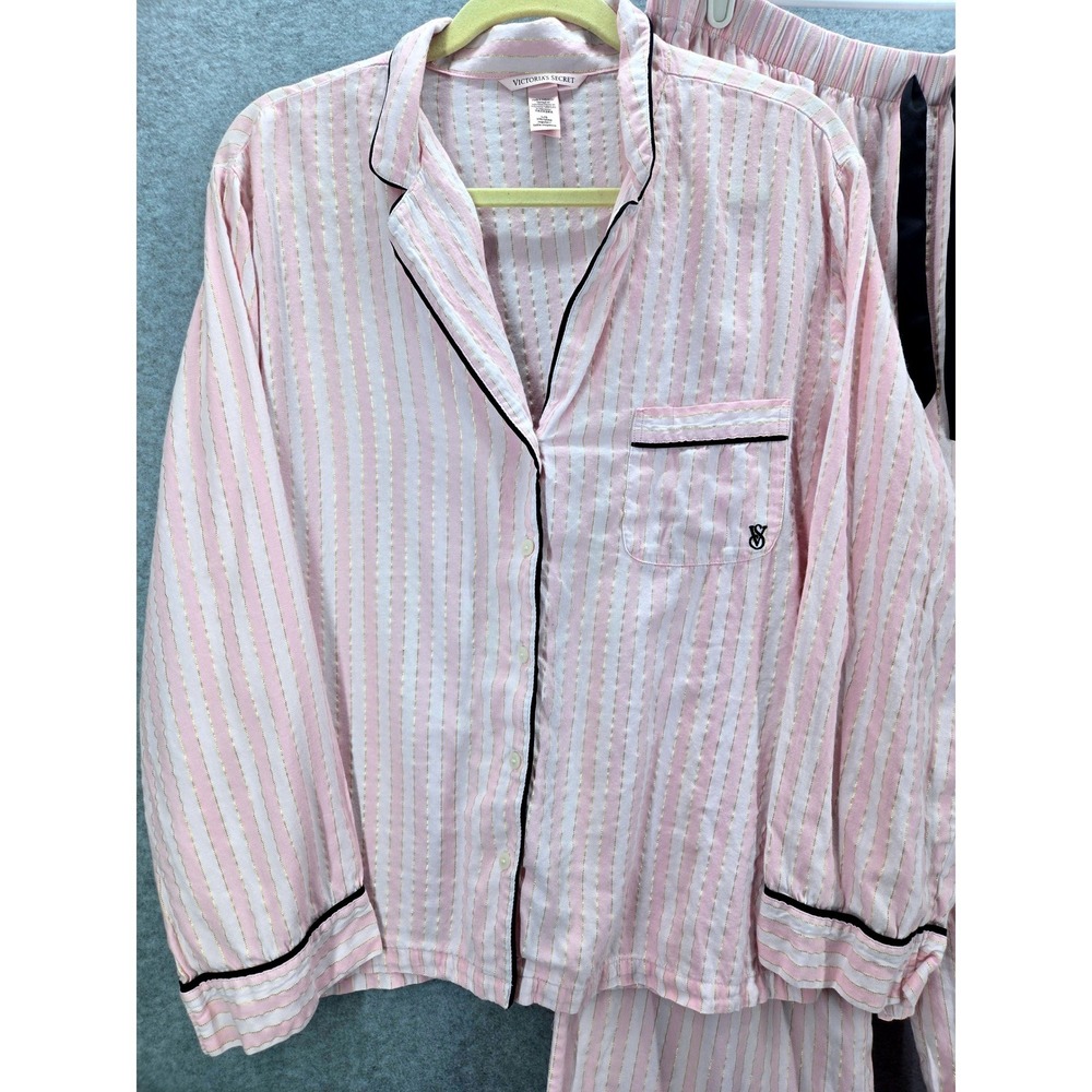 Victoria's Secret Pink White Striped Gold Lurex Pajama Set Large Button Down PJ - Picture 2 of 10